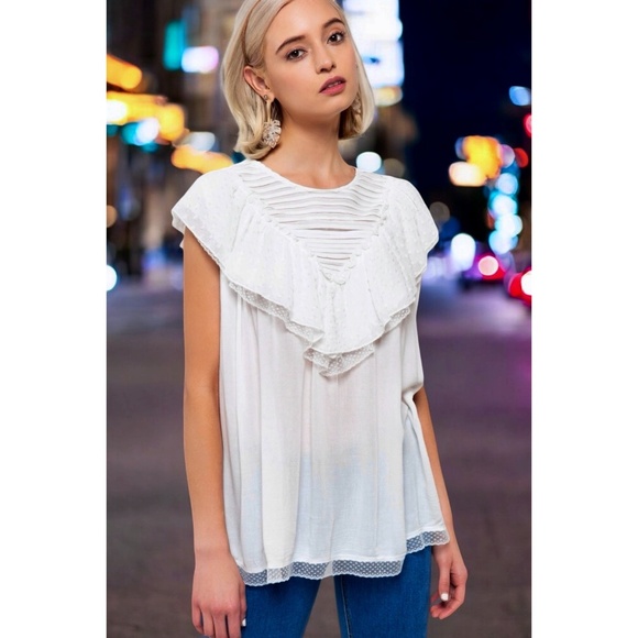 POL Tops - POL Ivory Sleeveless Pleated Ruffle Top